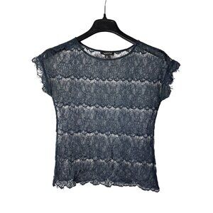 Trouve Sheer Lace Top Blouse Size S Navy Blue